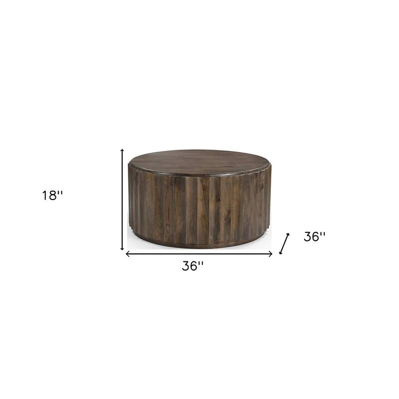 HomeRoots 36" Brown Solid Wood Round Drum Coffee Table - 36.00 in. x 18.00 in. x 36.00 in.