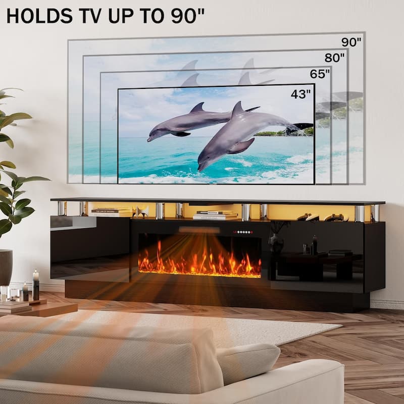 BOSSIN Modern 80" TV Stand with 36" Fireplace & LED Lights for TVs Up to 90", White with Golden Pillars, Storage Cabinets