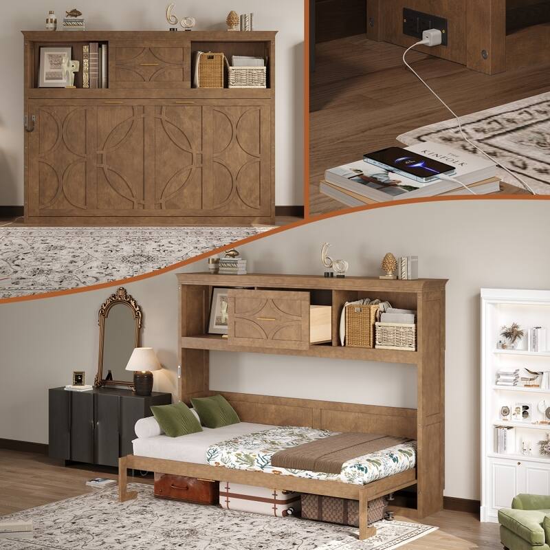 Rustic Casual Folding Twin Size Murphy Bed with Charging Station and Drawer
