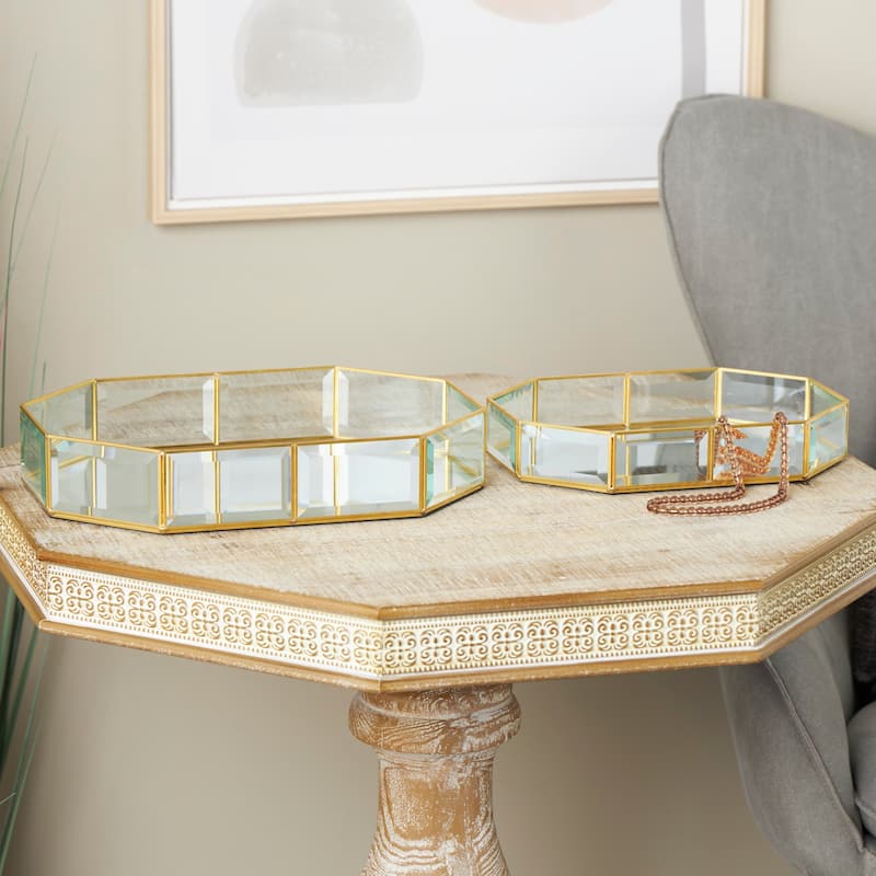 Glass Beveled Wide Octagon Jewelry Box with Gold Metal Frame - Set of 2 Clear - Roche River Decor - 10"W x 14"L x 3"H
