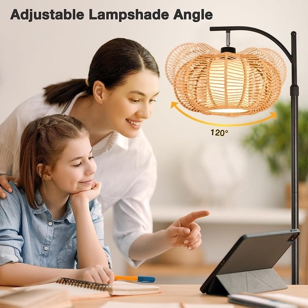 Arc Floor Lamps Rattan Boho Floor Lamp with Remote Control Floor Standing Lamp Wicker Lamp Shade Rustic Dimmable Modern LED Black