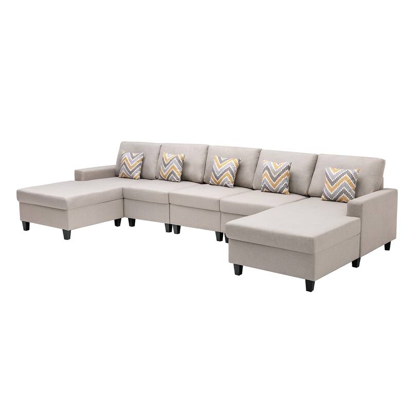Linen Fabric 5 Piece Double Chaise Sectional Sofa with Pillows and Interchangeable Legs