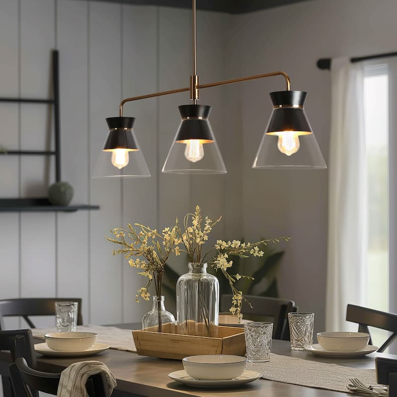Modern 3-Light Black Gold Chandelier Kitchen Island Linear Bowl-Shaped Glass Pendant Lights for Dining Room - 40 x 8.5 x 13.2