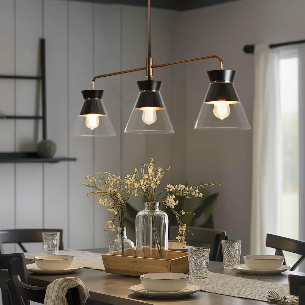 Modern 3-Light Black Gold Chandelier Kitchen Island Linear Bowl-Shaped Glass Pendant Lights for Dining Room - 40 x 8.5 x 13.2