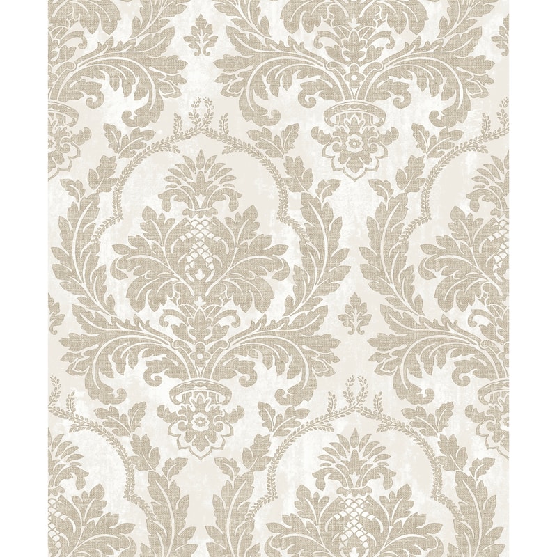 Galerie Wallcoverings Cottage Chic Large Damask Vinyl on Non-woven Metallic Wallpaper Roll - 33 feet x 21 inches - Beige