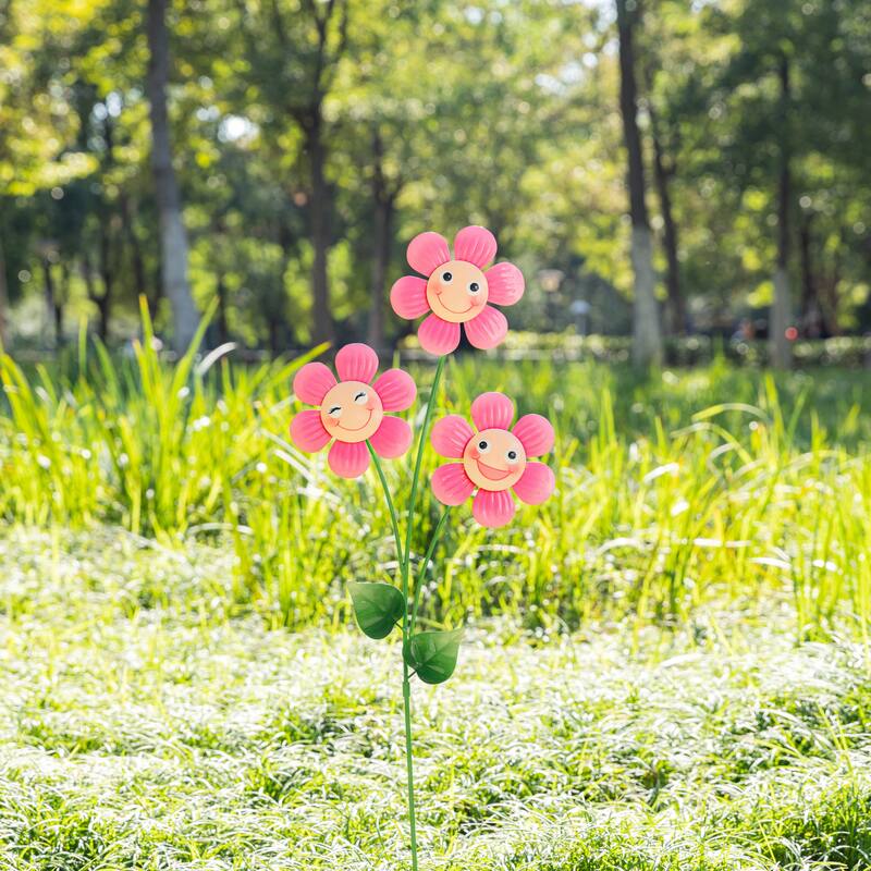 Glitzhome 36"H Metal Garden Triple Happy Face Flower Yardstake Wall Decor