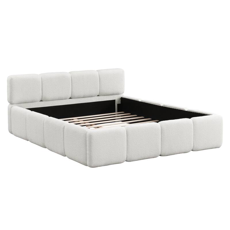 Embedded Platform Bed with Square Plush Upholstery Headboard White