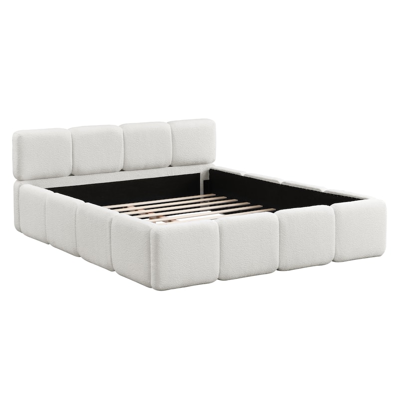 White Block Upholstered Frame Grounded Bed with Boucle Thick Headboard Footboard Platform Bed, Lowprofile Wingback Bed Floor Bed