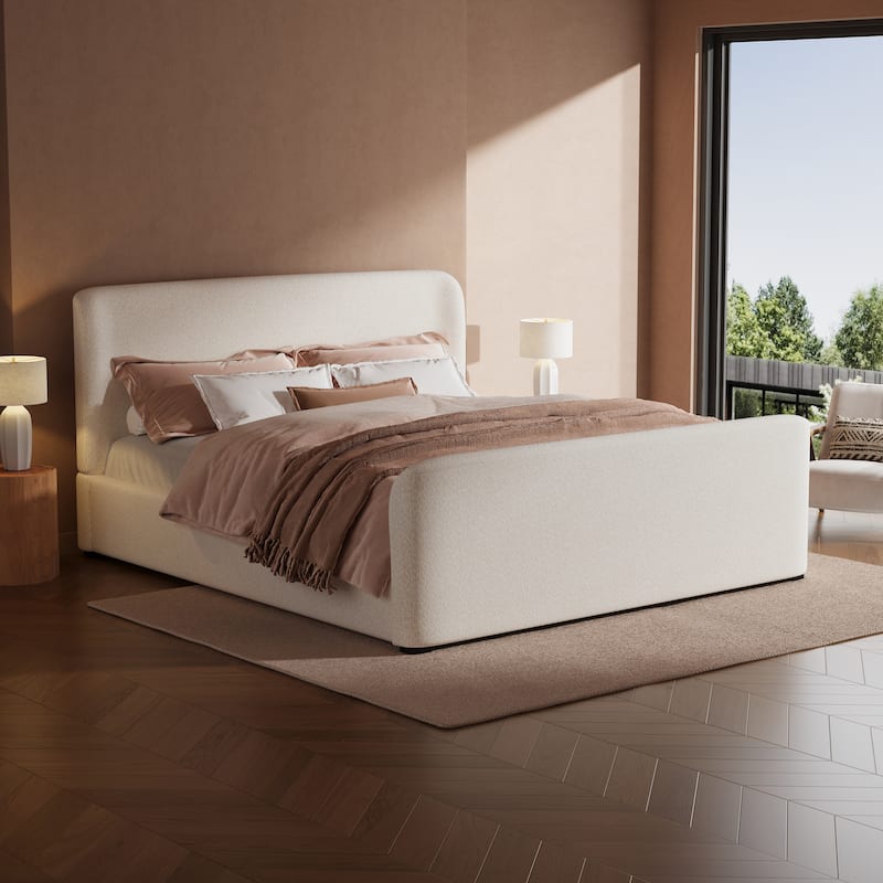 Christopher Knight Home - Soft Pack Modern Upholstered Boucle Bed Frame with Curved Headboard - White - Queen