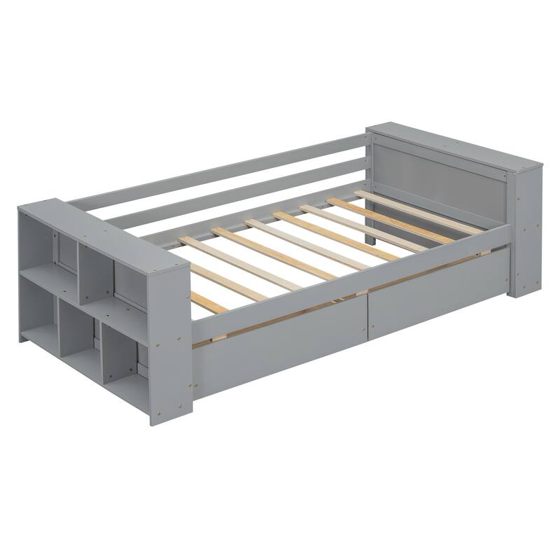 Twin Daybed with Built-In Storage Shelves and Drawers, Pine Wood Frame, Minimalist Design, Easy Assembly