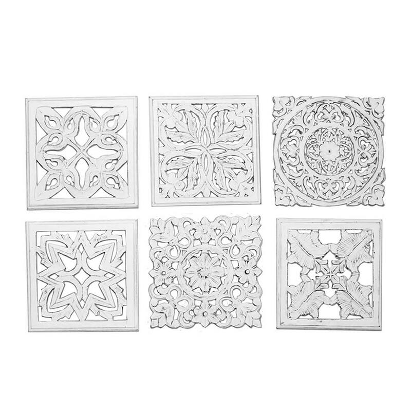 12 x 12 Wall Art Panel Set of 6, Intricate Carved Sculpture, White Finish