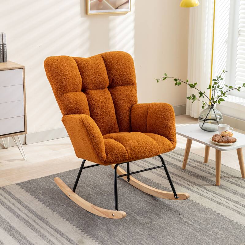 Teddy Fabric Upholstered Glider Rocker, Reading Chair with Thick Padded Seat, High Backrest Armchair with Wooden Legs - Caramel