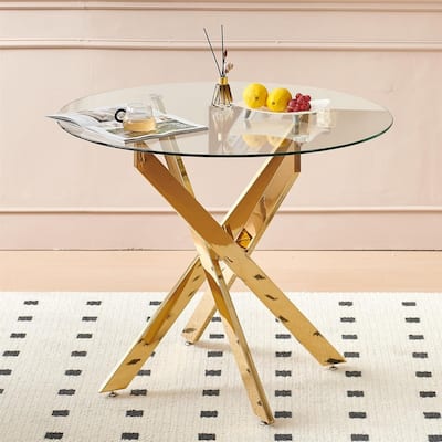 35.43"W Modern Round Dining Table with Golden Metal Leg and Glass Top