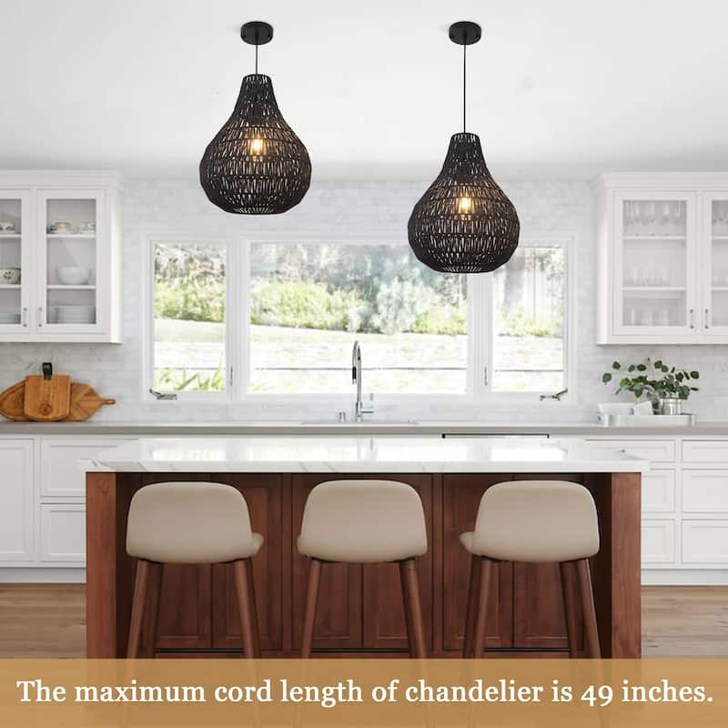 1-Light Cage Hanging Pendant Light Chandelier with Paper Rattan Shaded for Kitchen Island