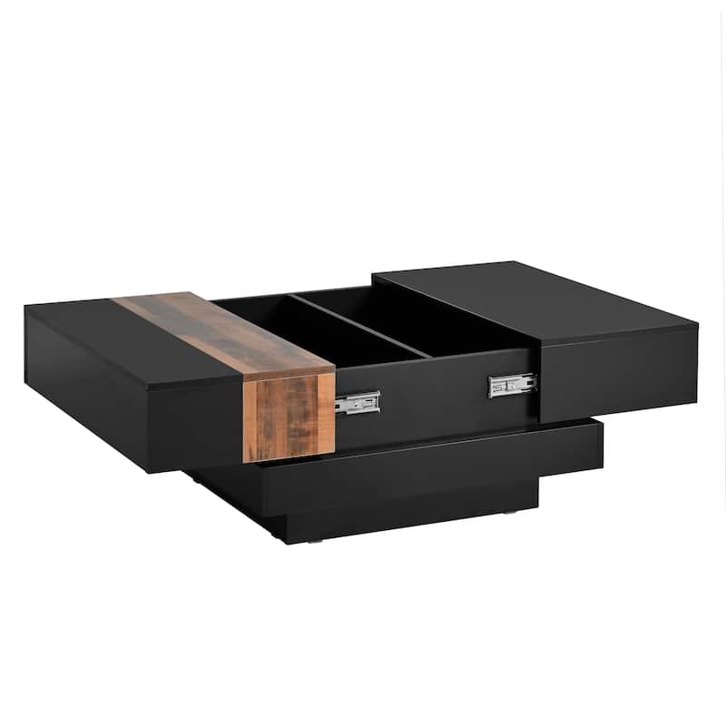 Roomfitters Modern Square Coffee Table with Sliding Top, High Gloss Center Table with Hidden Storage for Living Room, Black