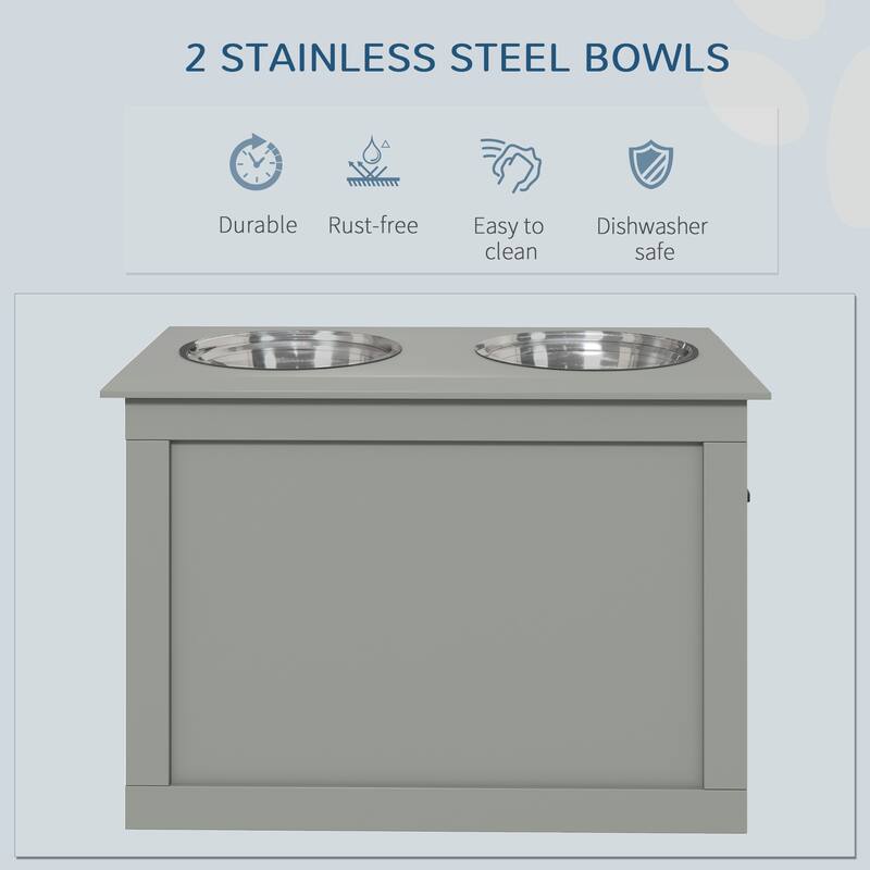 PawHut Raised Pet Feeding Storage Station with 2 Stainless Steel Bowls Base for Large Dogs and Other Large Pets, Gray