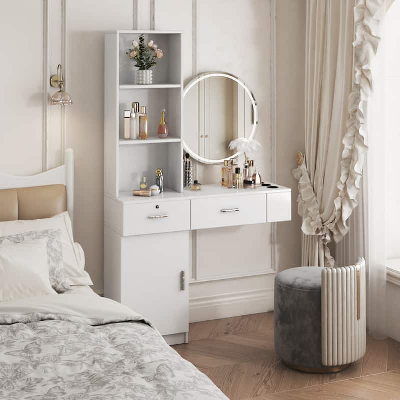 Roomfitters Modern Vanity Table with Storage Shelves, Multi-Layer Makeup Desk with Drawers and Cabinet - White