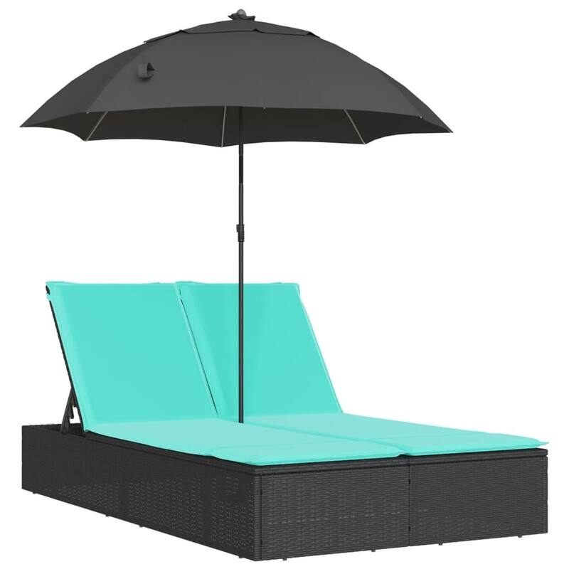 vidaXL Patio Double Sun Lounger&Cushions&Parasol Poly Rattan Brown/Gray/Black - 78.7" x 64.6" x 69.3"