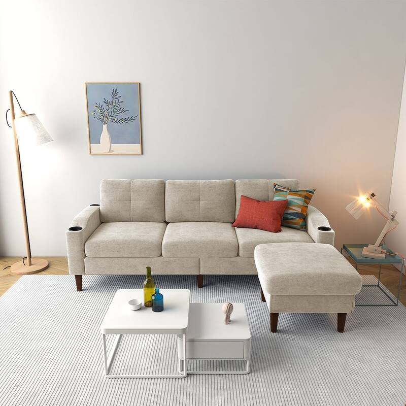 78.74" Wide Sectional Sofa with Ottoman & Cup Holder - Beige