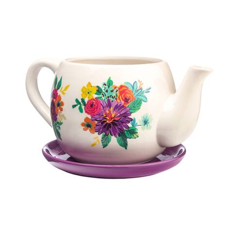 Floral Indoor/Outdoor Purple Ceramic Tea Pot Planter with Saucer