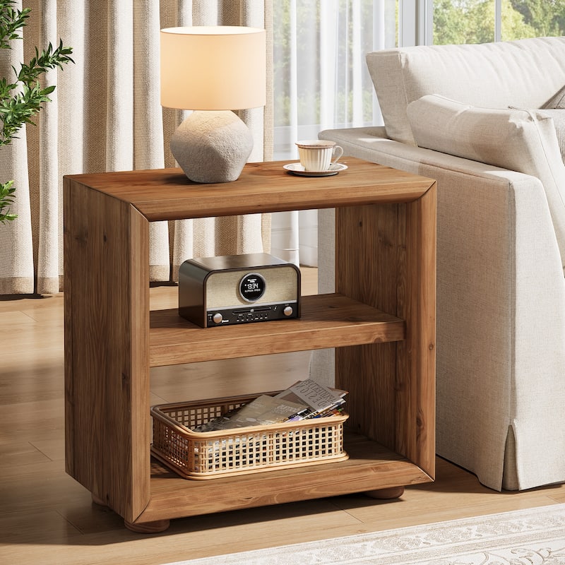 Solid Wood End Table with Storage Shelves, Bedside Nightstand, Living Room Bedroom Accent Side Table