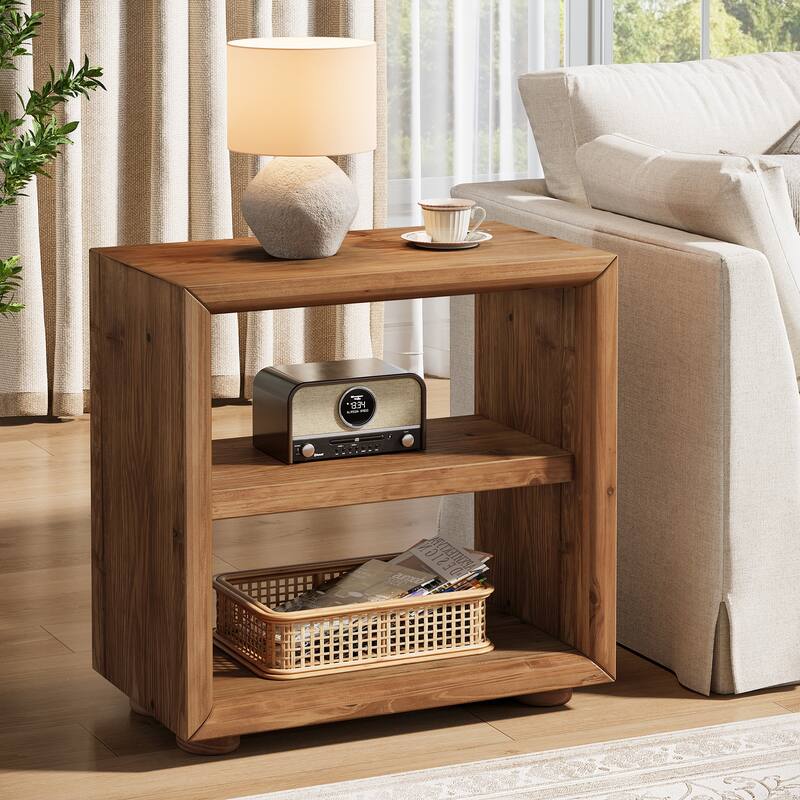 Solid Wood Side Table, Bedside Furniture with Storage Shelves