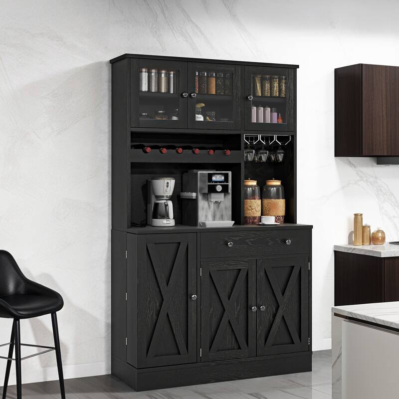 Moasis 71''H Kitchen Pantry Storage Cabinet with Power Outlet Tall Cabinet with Doors Shelves & Drawer Buffet Cabinet