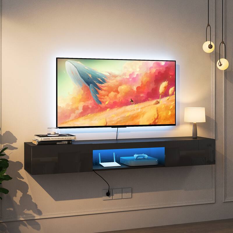 Floating TV Stand Wall Mounted with 16 Color LEDs, 63" Modern TV Stand, Entertainment Center with Open Storage Compartment