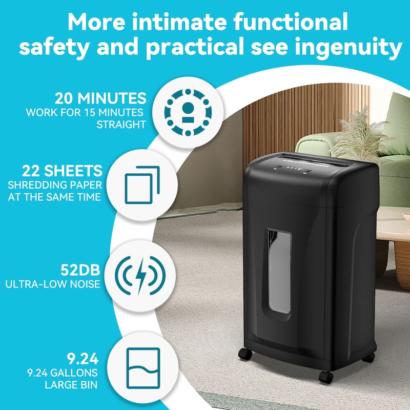 Large Commercial Heavy Duty 22 Sheet High Security Paper Shredder with 9.24 Gallons Pullout Waste Bin