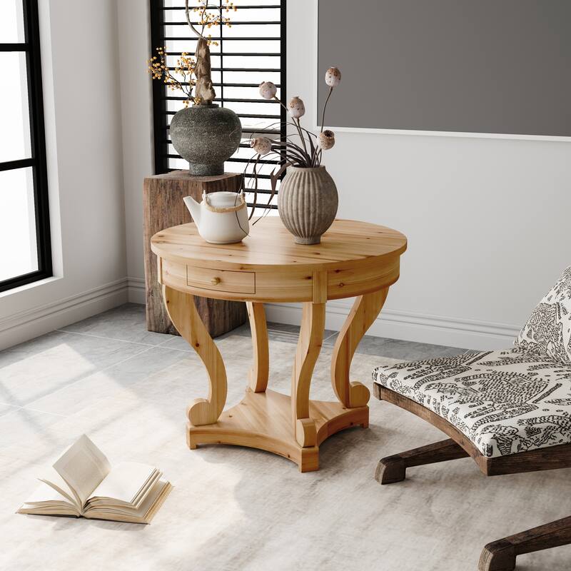 Curved Legs Farmhouse Small Size Round Dining Table End Table Side Table Coffee Table - Natural Wood