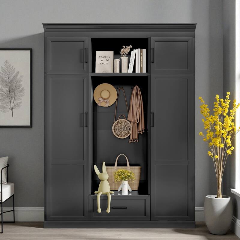 85.2'' H Modern Hall Tree with Bench, 4 Doors, 3 Hooks & Drawer, Entryway Storage Cabinet with Adjustable Shelves - Black