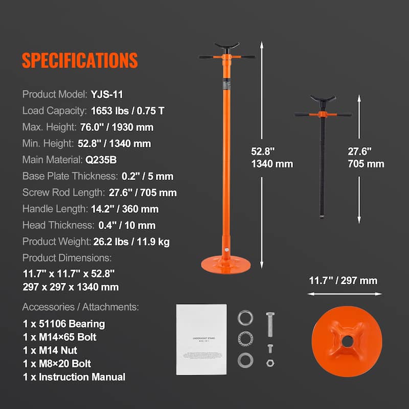 Underhoist Support Stand Self-Locking Threaded Screw, Support Vehicle Components - 1653.5 lb 52.8" - 76.0"
