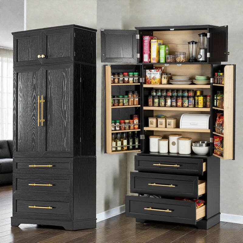 78.2" Farmhouse Kitchen Pantry Cabinet with 8 Door Shelves, 3 Adjustable Shelves and 3 Drawers for Kitchen & Dining Storage