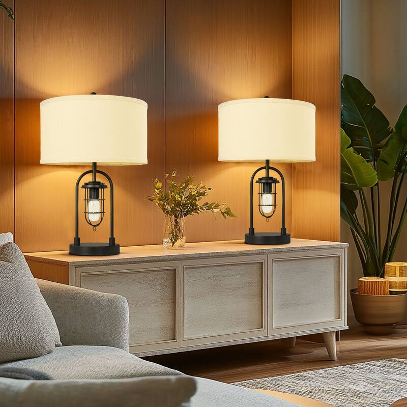 Metal Table Lamp With Night Light Linen Shade Set of 2