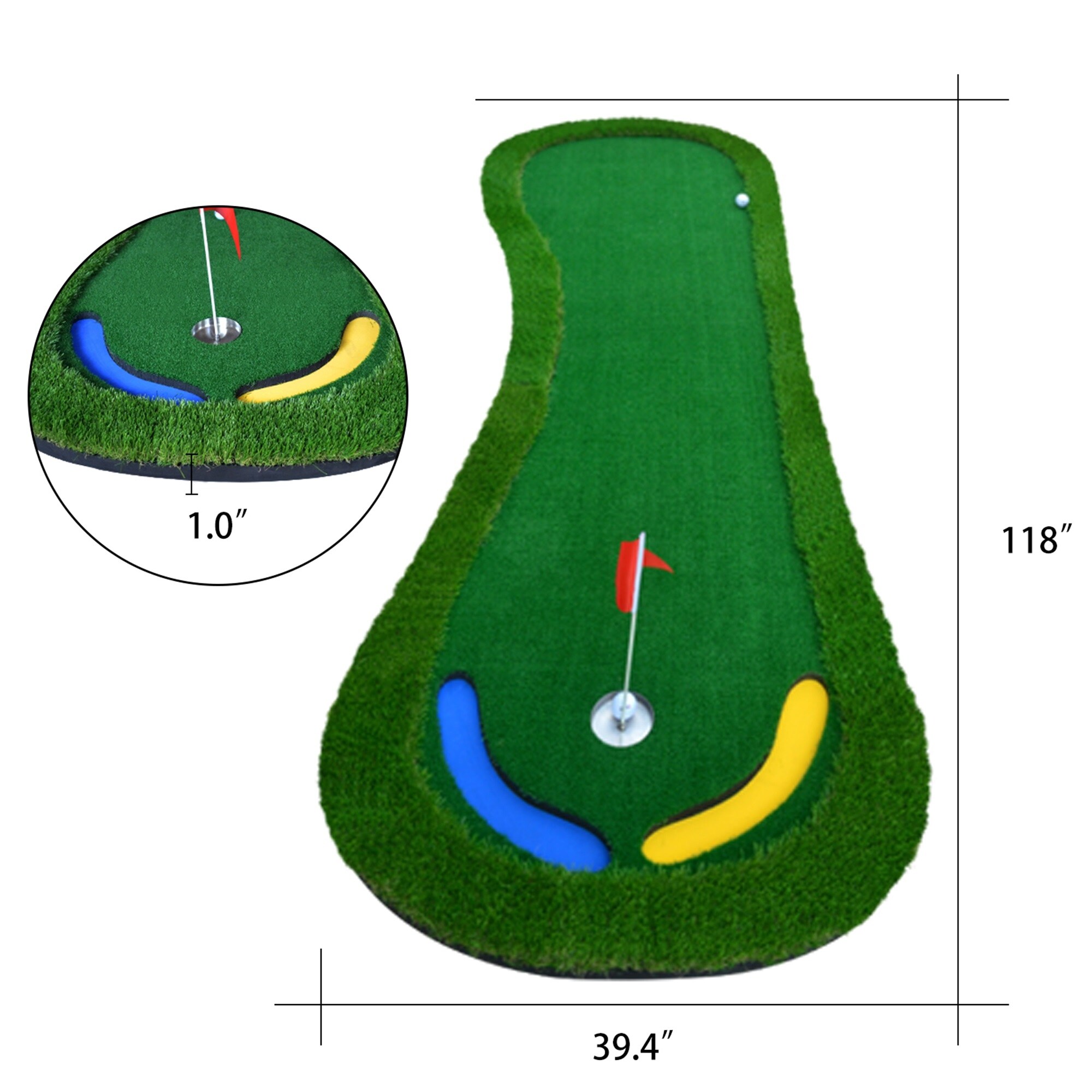 118x40 inch Golf Putting Green Mat with 2 colorful bunker - Bed