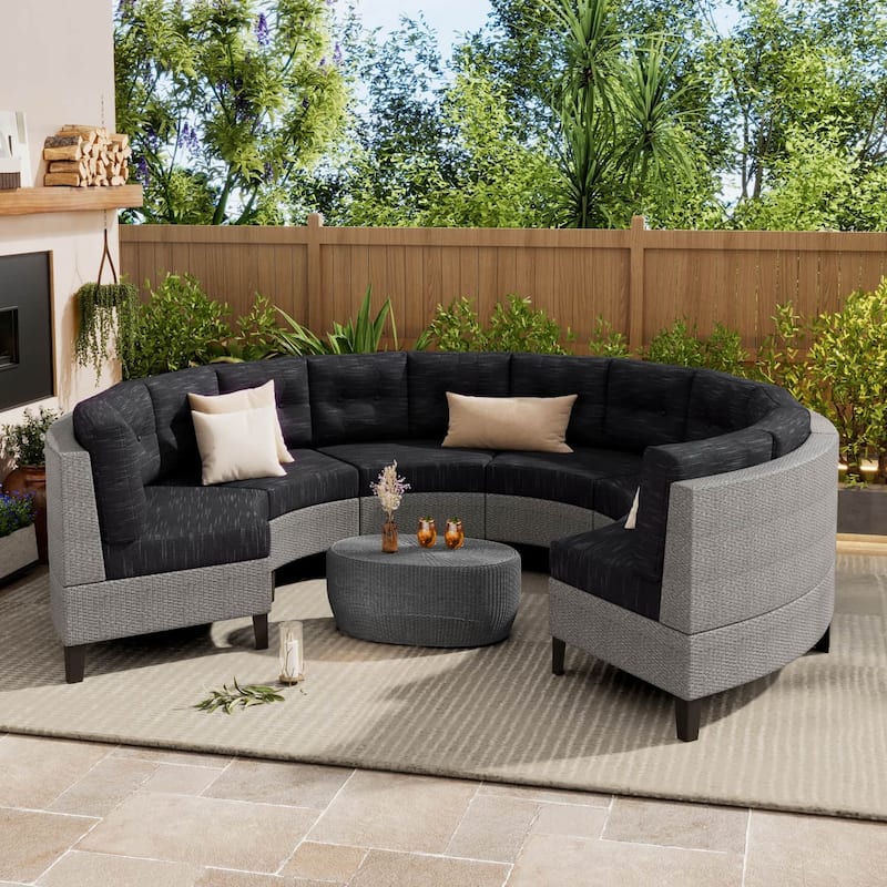 Outdoor Wicker Curved Sectional Sofa Set with Waterproof Cushions - 6-Piece