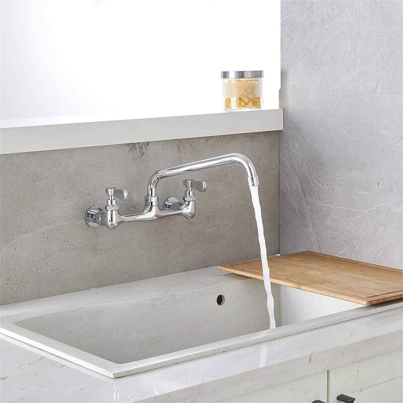 Wall Mount Kitchen Faucet With 10 Inch Swivel Spout 8 Inch Center Commercial Sink Faucet 2-Handle No Lead Polish Chrome Tap