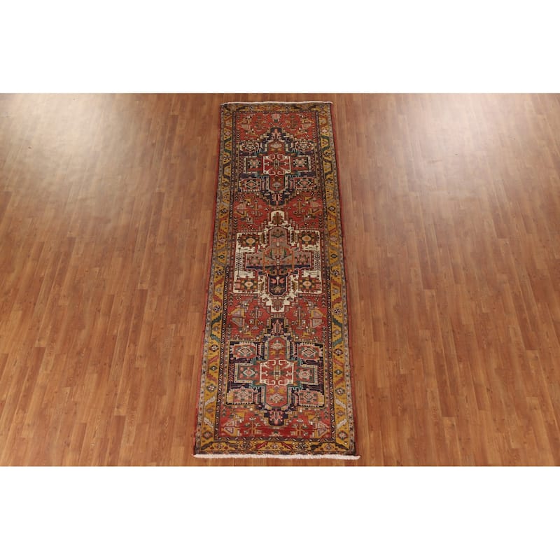Geometric Hand-knotted Heriz Persian Vintage Runner Rug - 3'8"x 11'3"