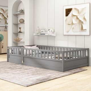Twin Wooden Floor Bed with Guardrails, Door & Montessori Design, Grey