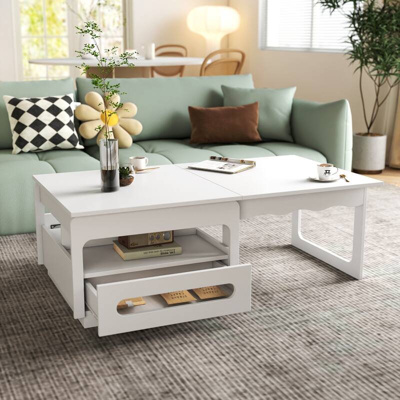 Roomfitters 3-in-1 Convertible Coffee Table with Lift-Top Storage, Multifunctional Expandable Center Table, White - White