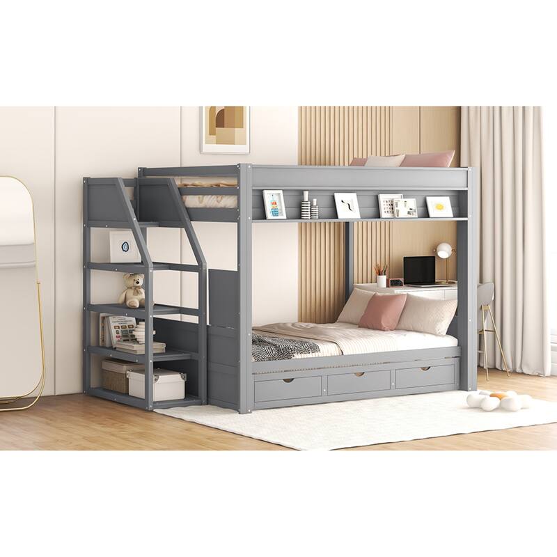 Roomfitters Full Size Convertible Bunk Bed with Storage Staircase and Bedside Table, Gray