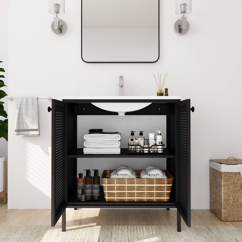 Bathroom Vanity with Ceramic Sink, Freestanding Bathroom Storage Cabinet, Bathroom Vanities with 2 Doors & Adjustable Shelves