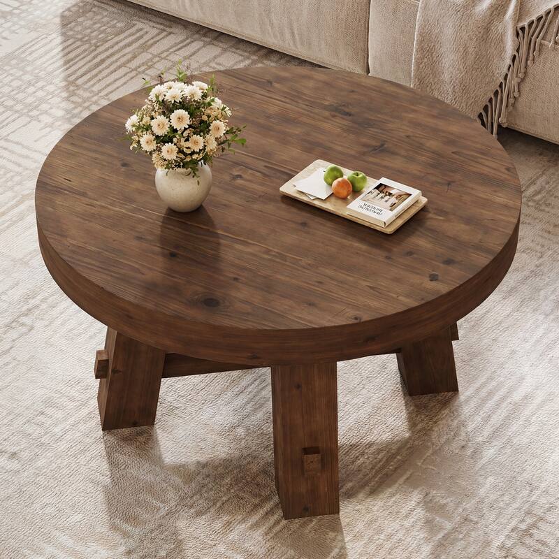 31.5-Inch Solid Wood Coffee Table, Round Center Table for Living Room, Apartment