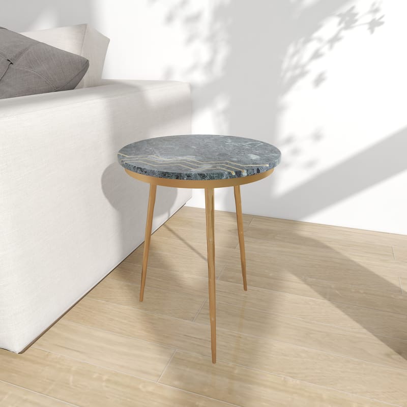 Marble Accent Table with Gold Metal Tripod Legs and Zig-Zag Detail - Green - Roche River Decor
