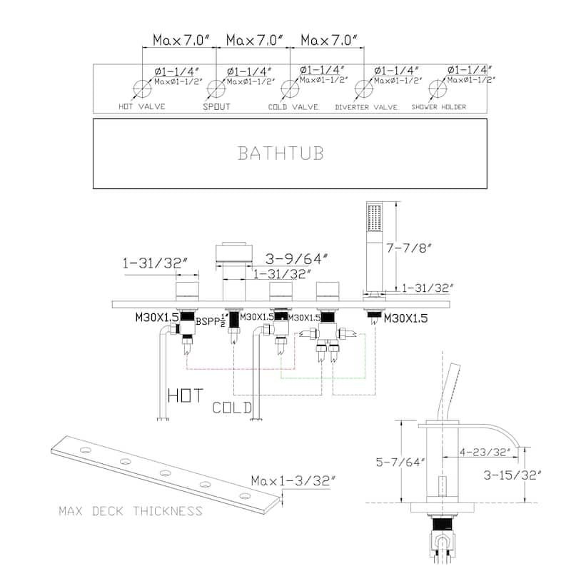 Brushed Gold Deck Mounted Roman Tub Faucet Set,Five Holes Waterfall
