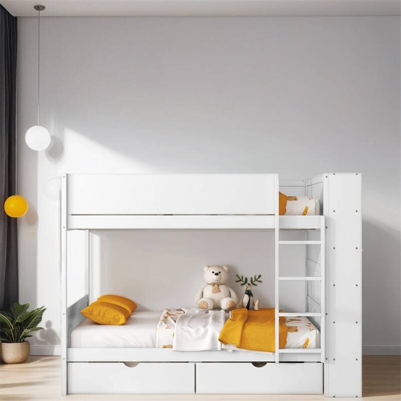 Full Over Full Wood Bunk Bed with 2 Drawers and Multi-layer Cabinet