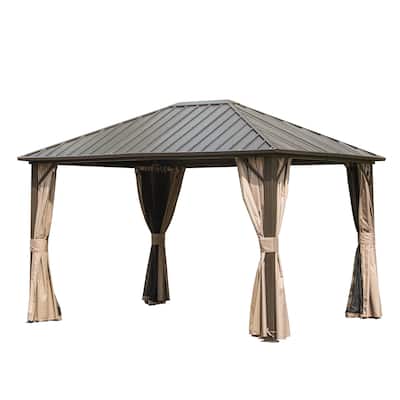 10'x12' Permanent Outdoor Galvanized Steel Roof Gazebo with Aluminum Frame, Pavilion Metal Gazebos with Netting & Curtains