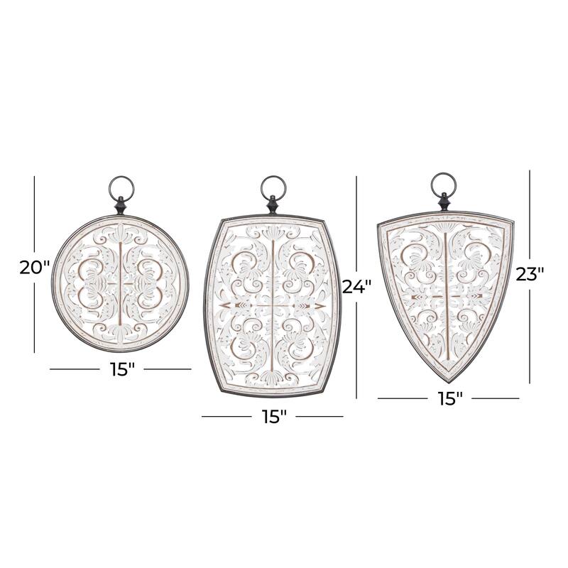 Wooden Floral Carved Design Home Wall Decor with Ring Hanger - Set of 3 White - Roche River Decor