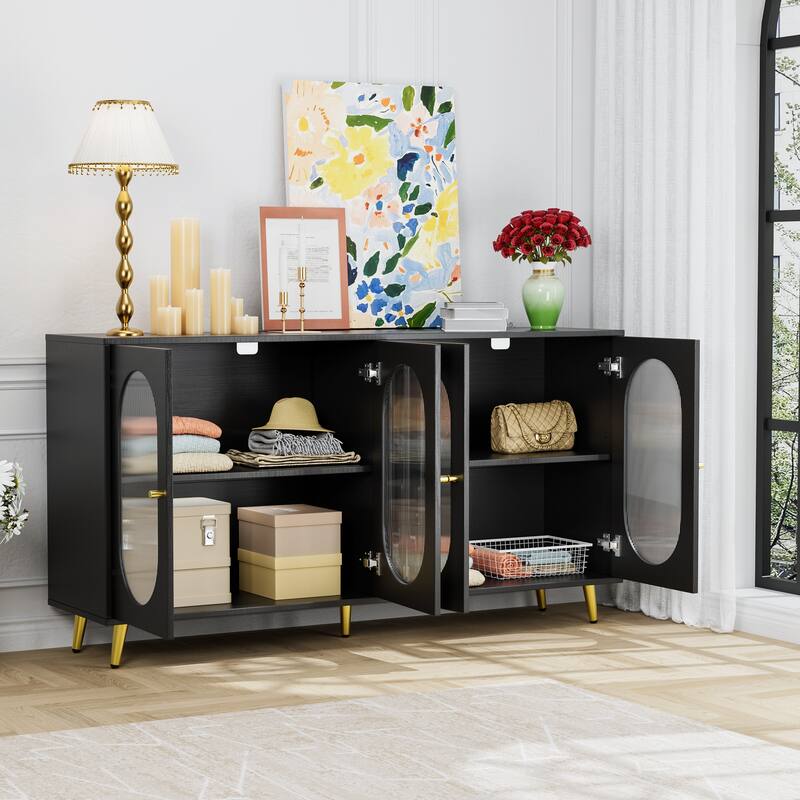 Elegant Sideboard Cabinet with Large Storage, Acrylic Doors, and Metal Legs, Black/White