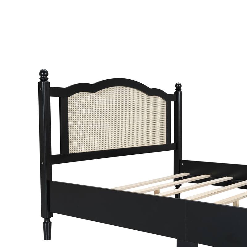 Queen/Full Size Wood Platform Bed with Natural Rattan Headboard, Vintage Bed Frame